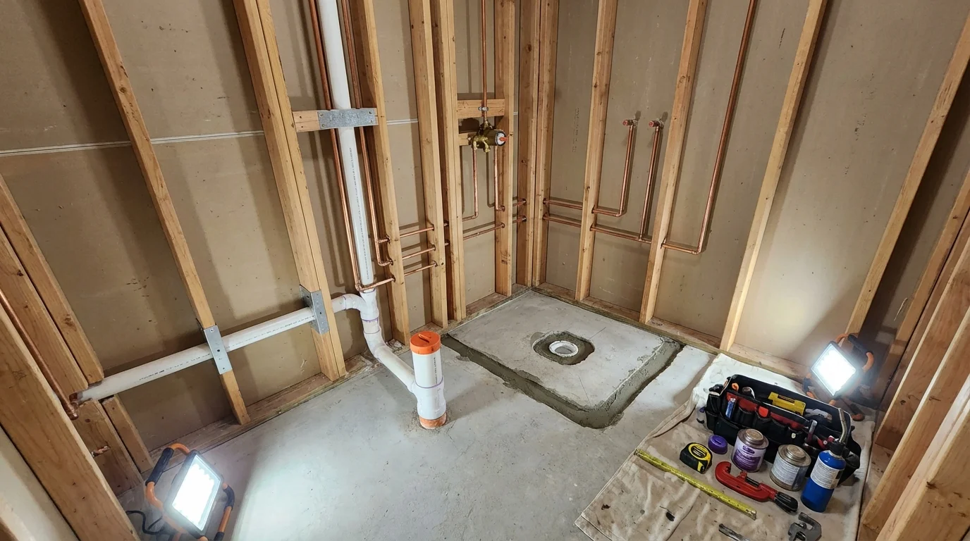 Bathroom rough-in plumbing during remodel by Johns Plumbing LLC in Amityville