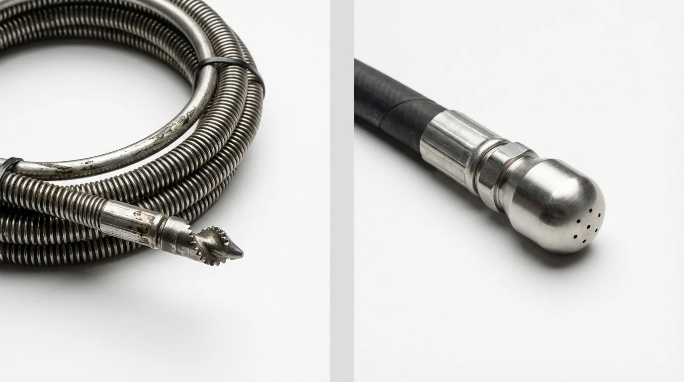 Drain snake cable and hydro jetting nozzle used for drain cleaning in Amityville, NY