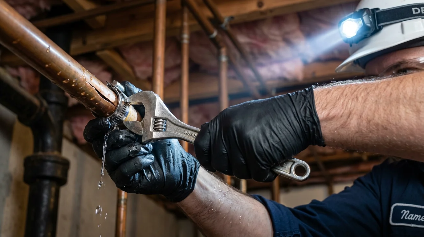 Emergency pipe clamp repair being performed by a Johns Plumbing LLC plumber in Amityville