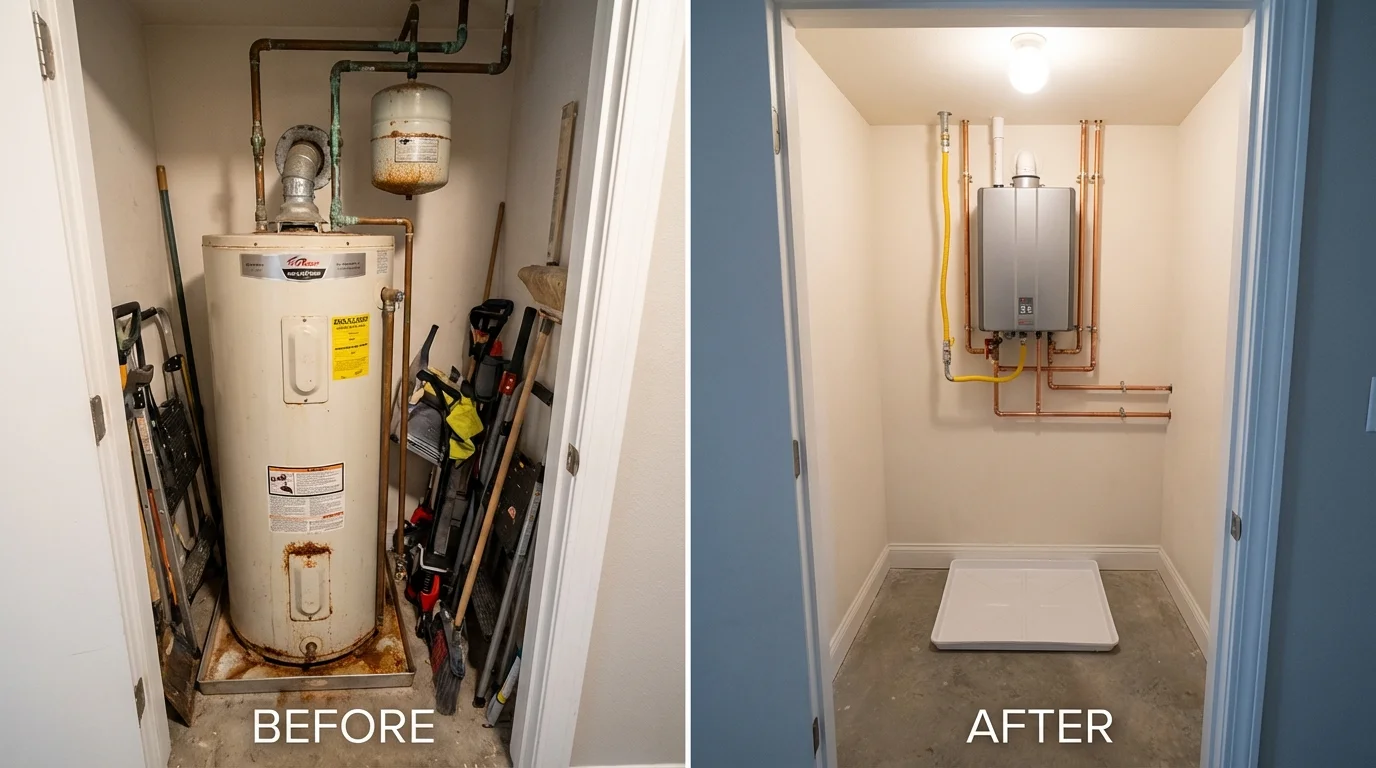 Tank water heater versus wall-mounted tankless unit comparison for Amityville, NY homeowners
