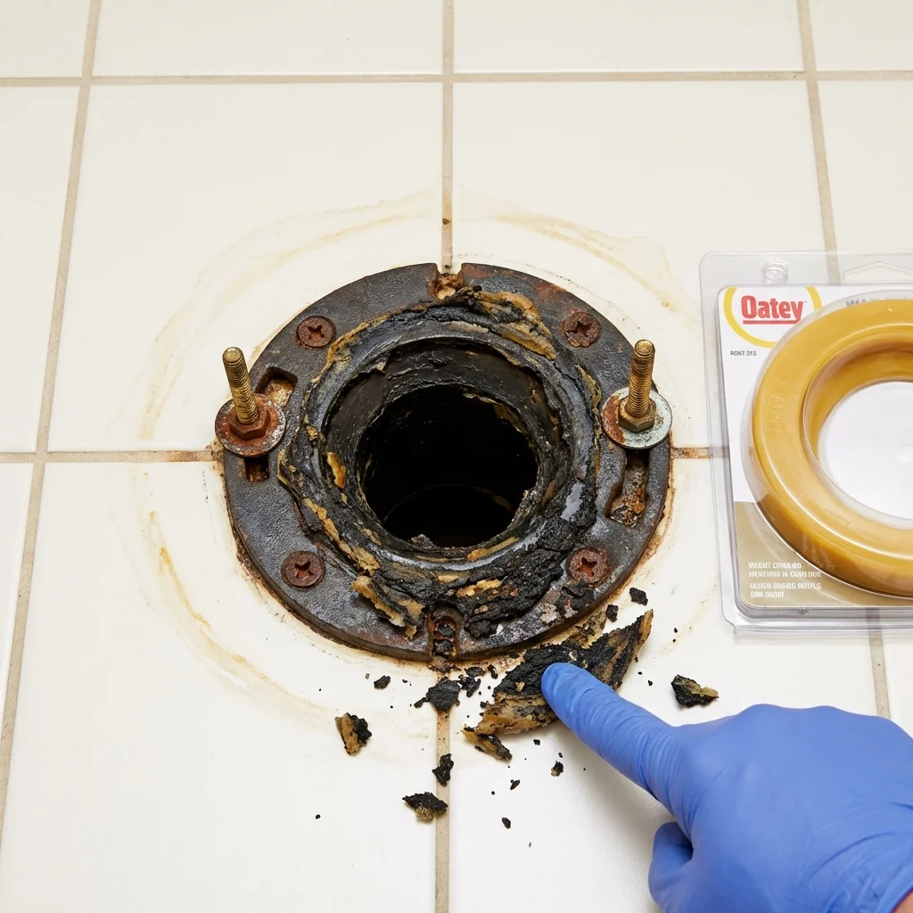 Failed wax ring showing water seepage at the base of a toilet in a Amityville, NY home
