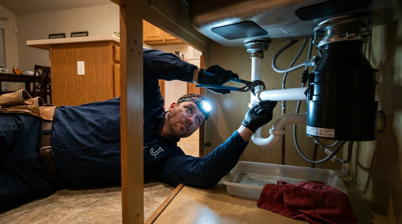 P-trap and supply line connections under a kitchen sink showing a common leak point in Amityville, NY